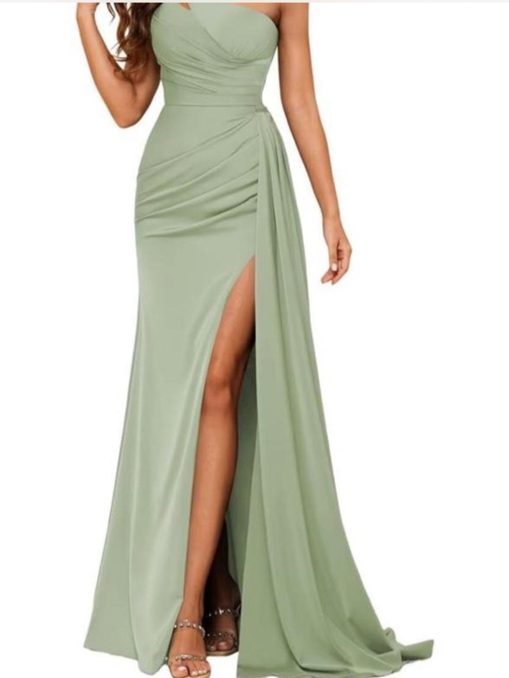 Satin One Shoulder Maxi Dress - Sage Green ✨